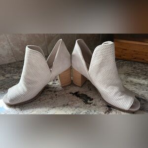 Cole Haan 7B Tan Block Heel, Peep Toe, Slip-On, Suede Leather, Ankle Boot